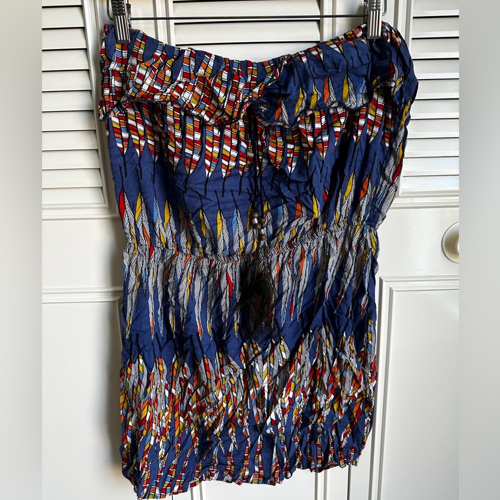 Feather print strapless dress